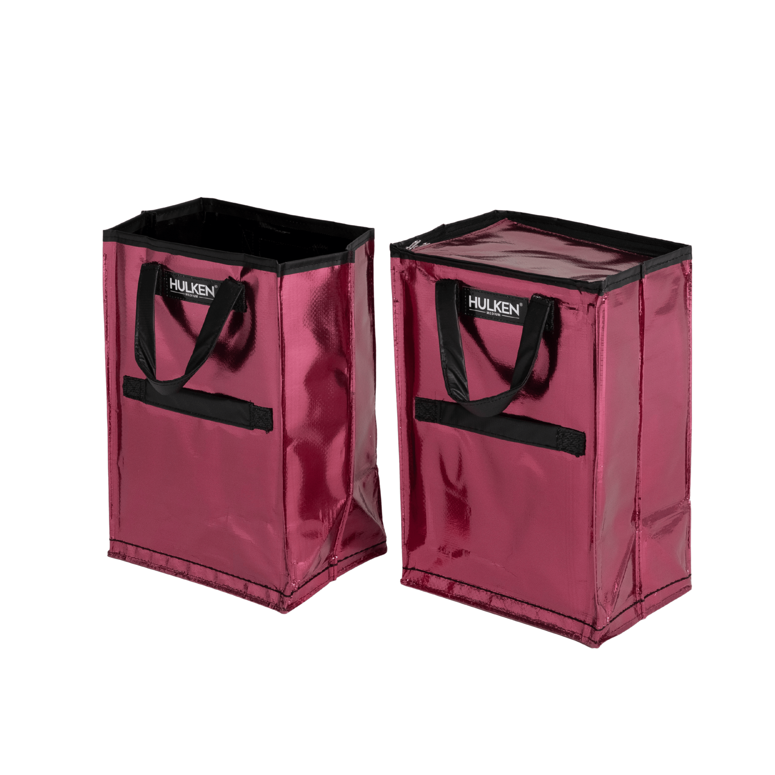 Two pink storage bags with black handles and Hulken branding on a transparent background