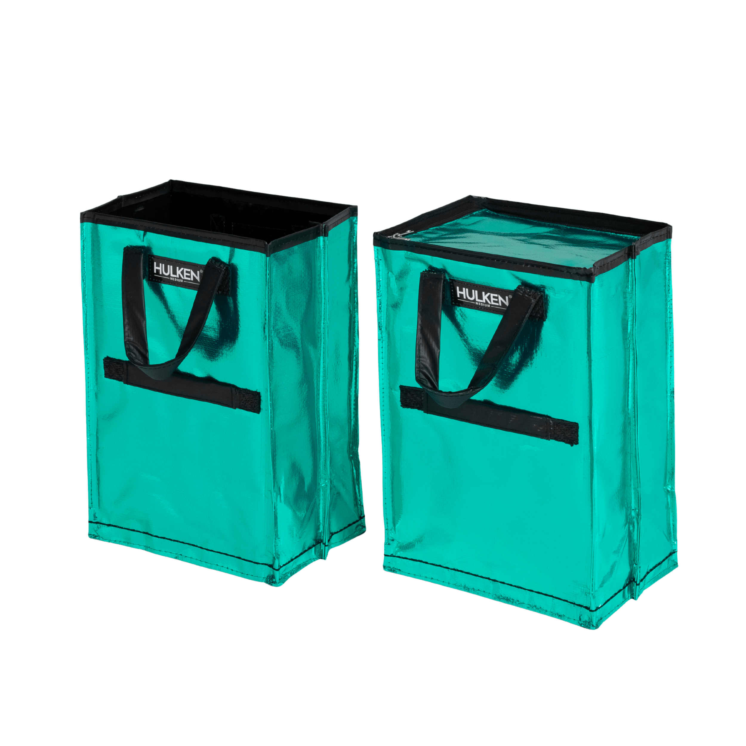 Two teal storage bags with black handles and 'Hulken' branding on a transparent background.