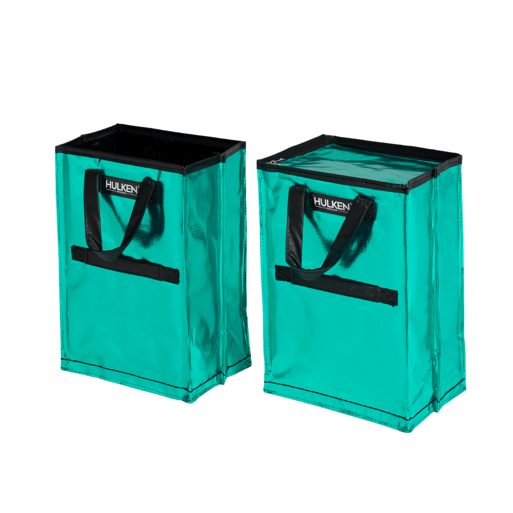 Two teal storage bags with black handles and 'Hulken' branding on a transparent background.
