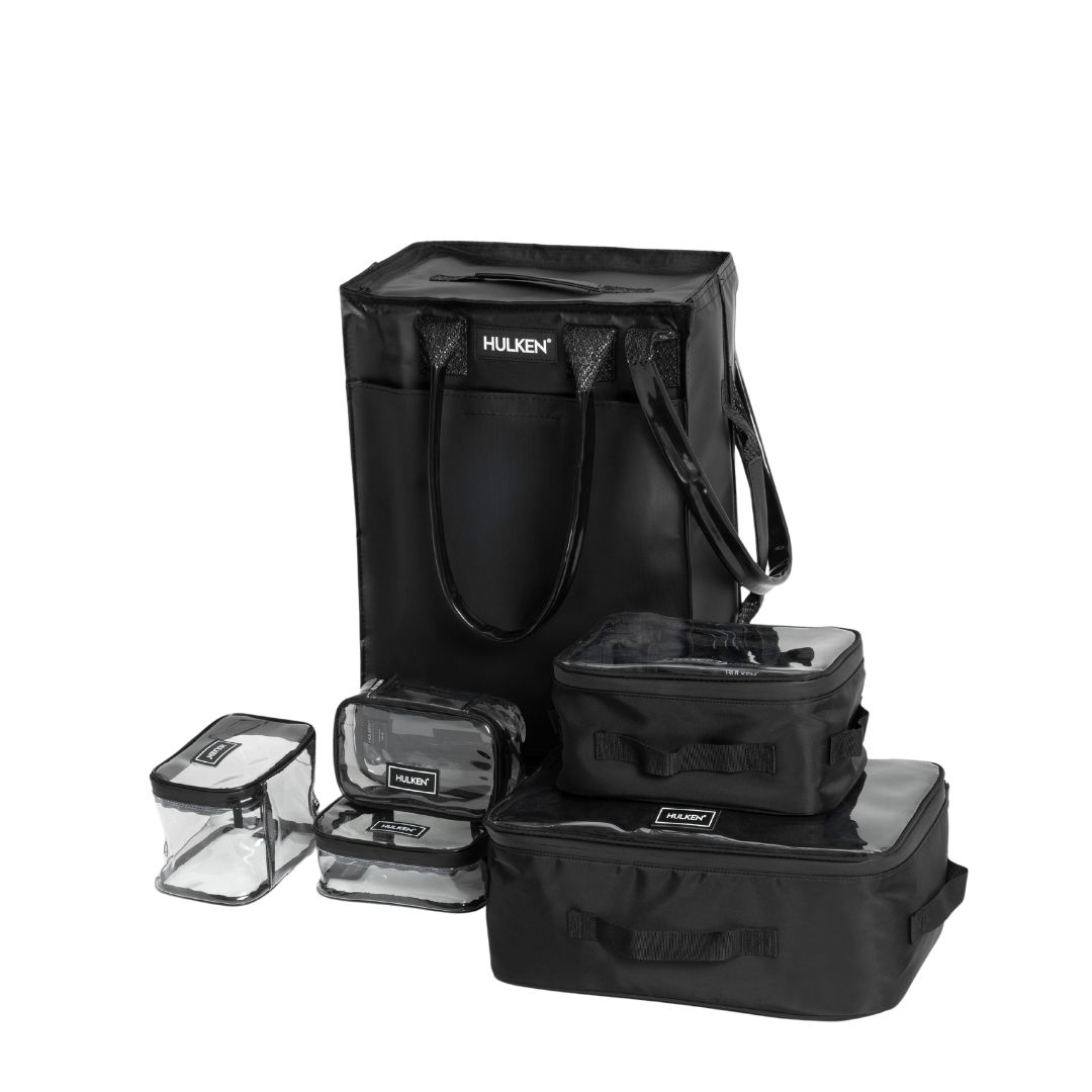 Set of black packing cubes with 'Hulken' branding on a white background