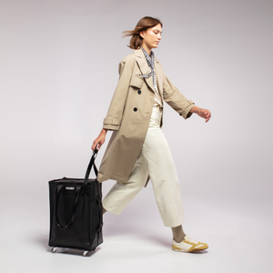 Woman in a trench coat with a black bag 