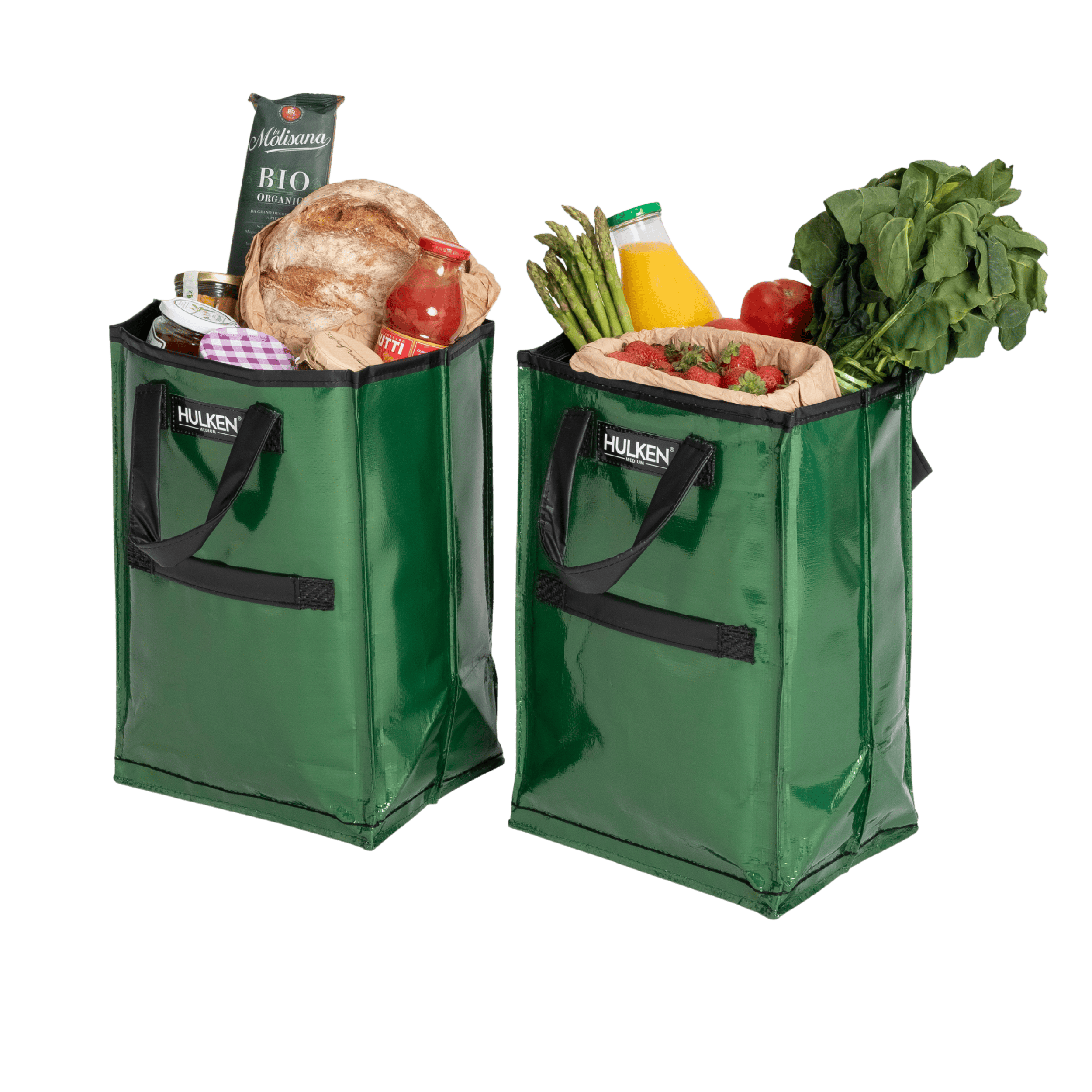 Two green shopping bags filled with groceries on a transparent background