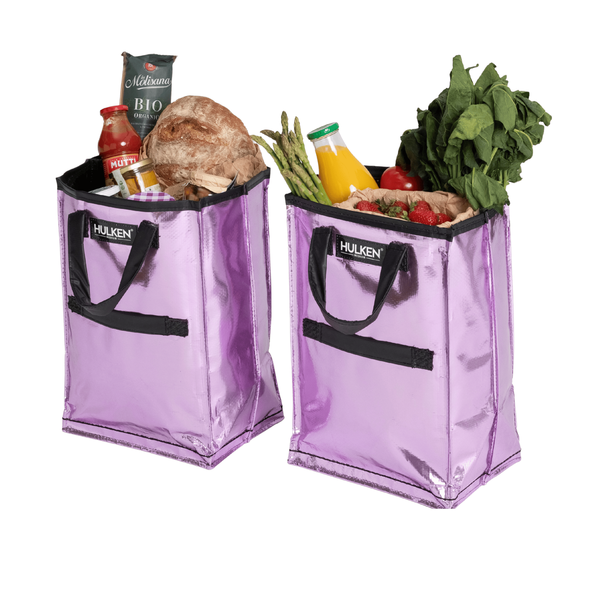 Two purple shopping bags filled with groceries on a transparent background