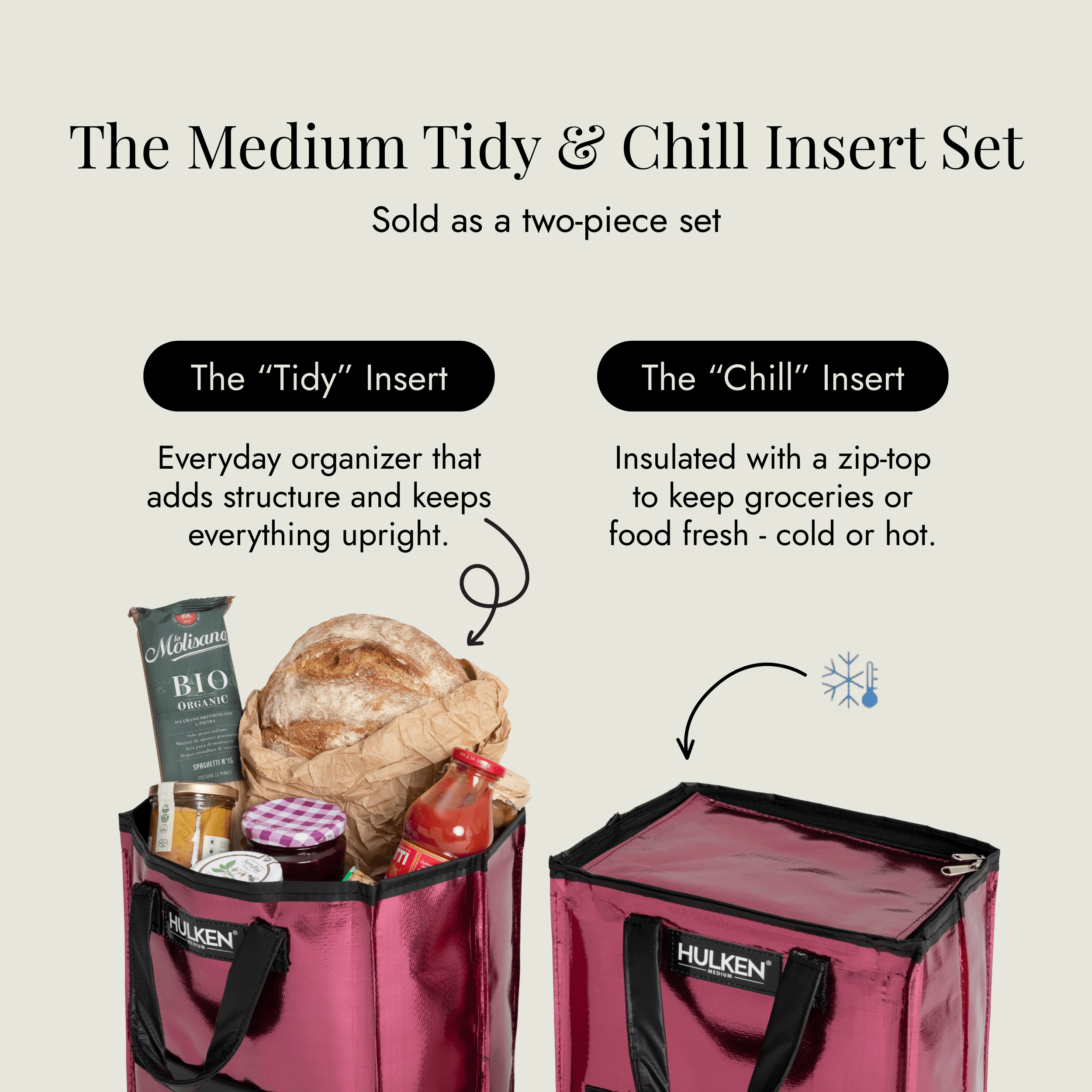Two-piece set of 'Tidy' and 'Chill' inserts with a pink organizer bag and insulated container on a light gray background.