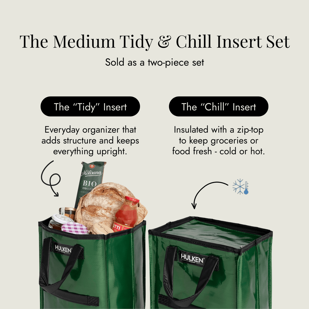 Two green bags labeled 'Tidy' and 'Chill' with product details on a light gray background.