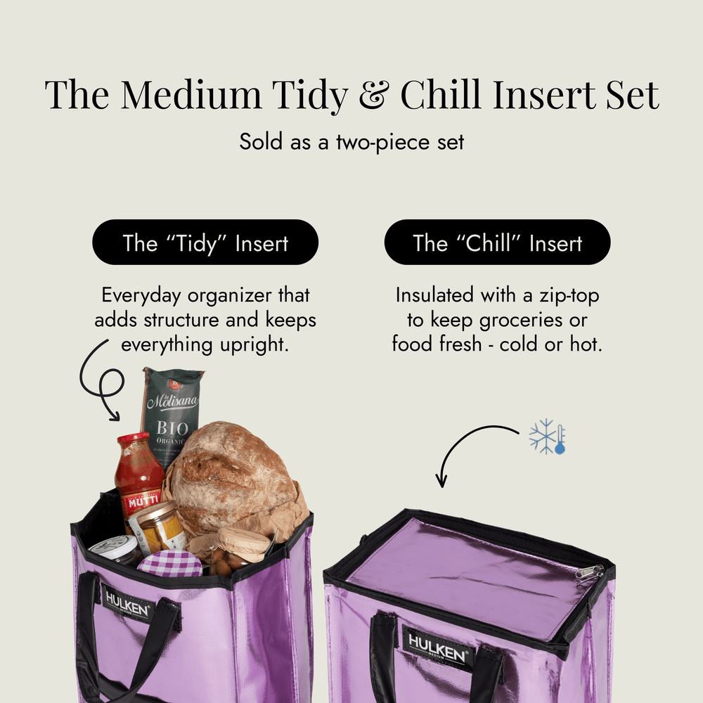 Purple tote bag with 'Hulken' branding, containing groceries, next to a 'Chill' insert on a light gray background.