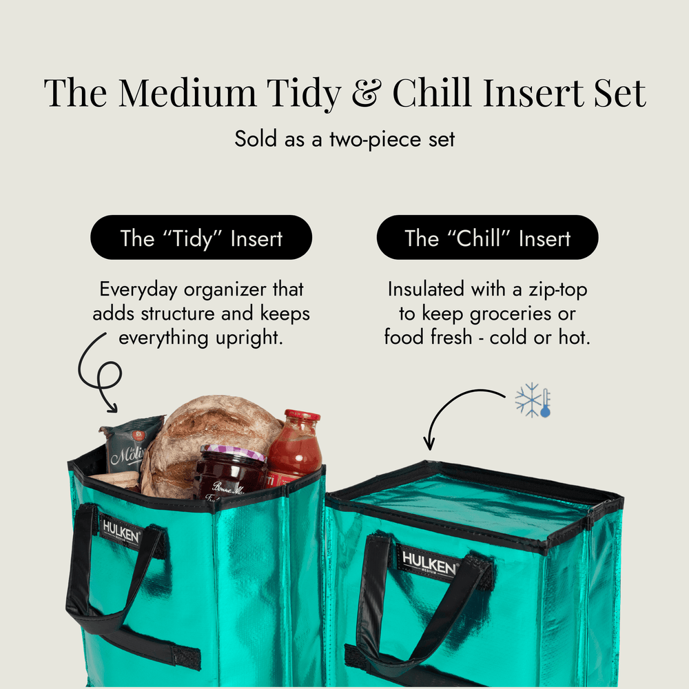 Two teal bags labeled 'Tidy' and 'Chill' with text describing their functions on a light gray background.