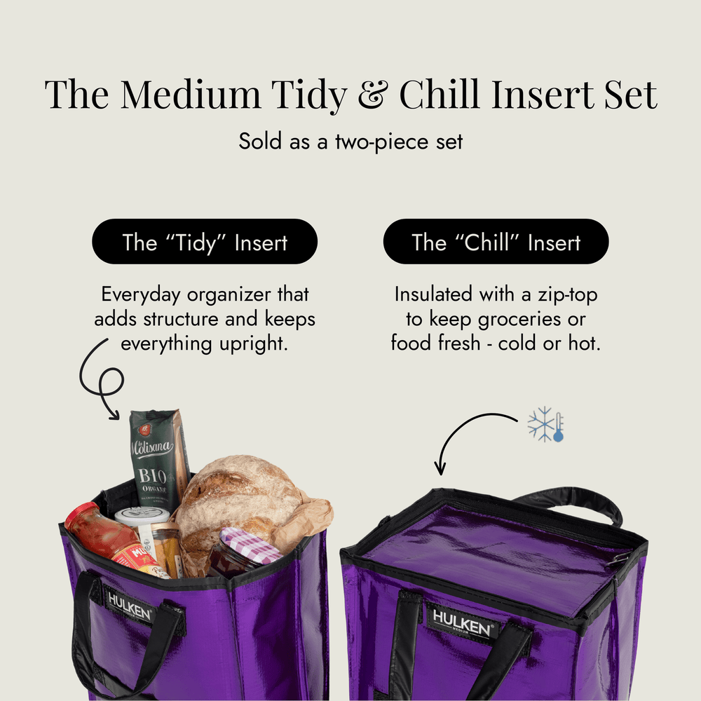 Purple tote bag with 'Hulken' branding, containing groceries, next to an insulated insert labeled 'Chill'.