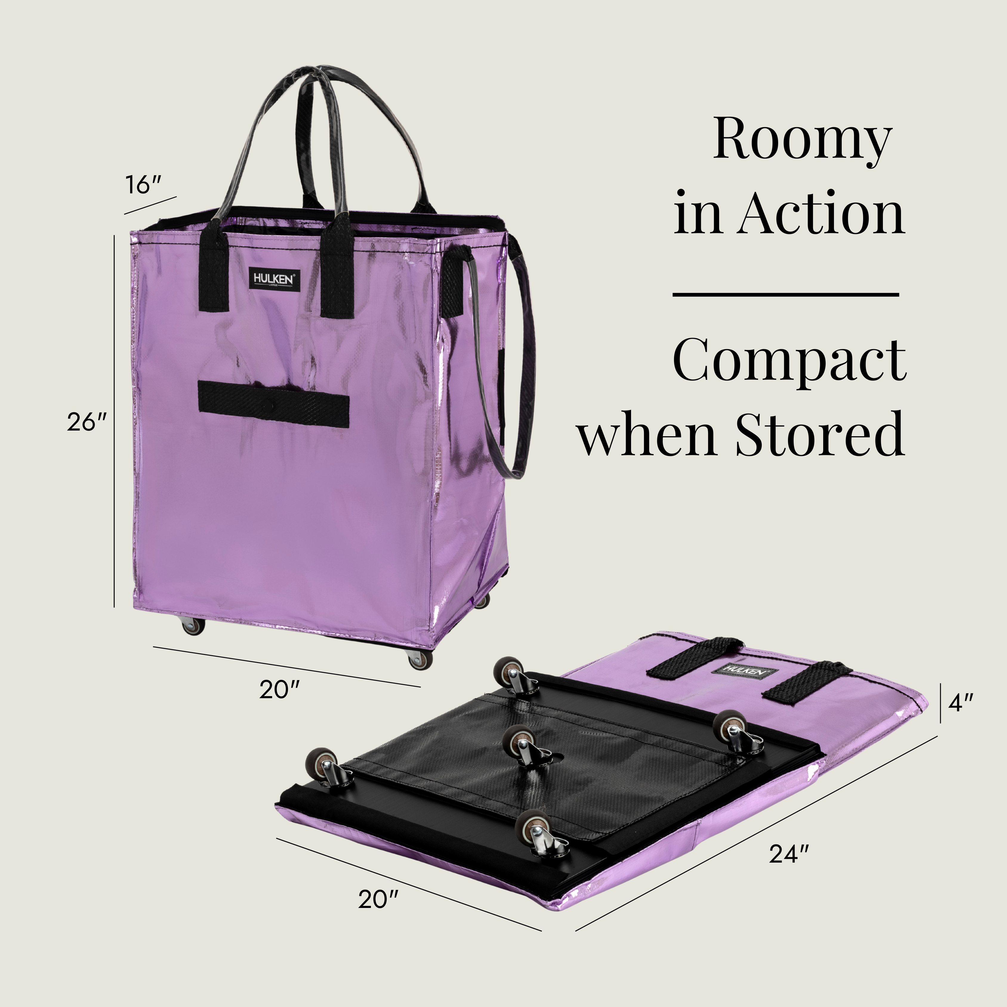 Purple rolling cart with dimensions displayed on a beige background