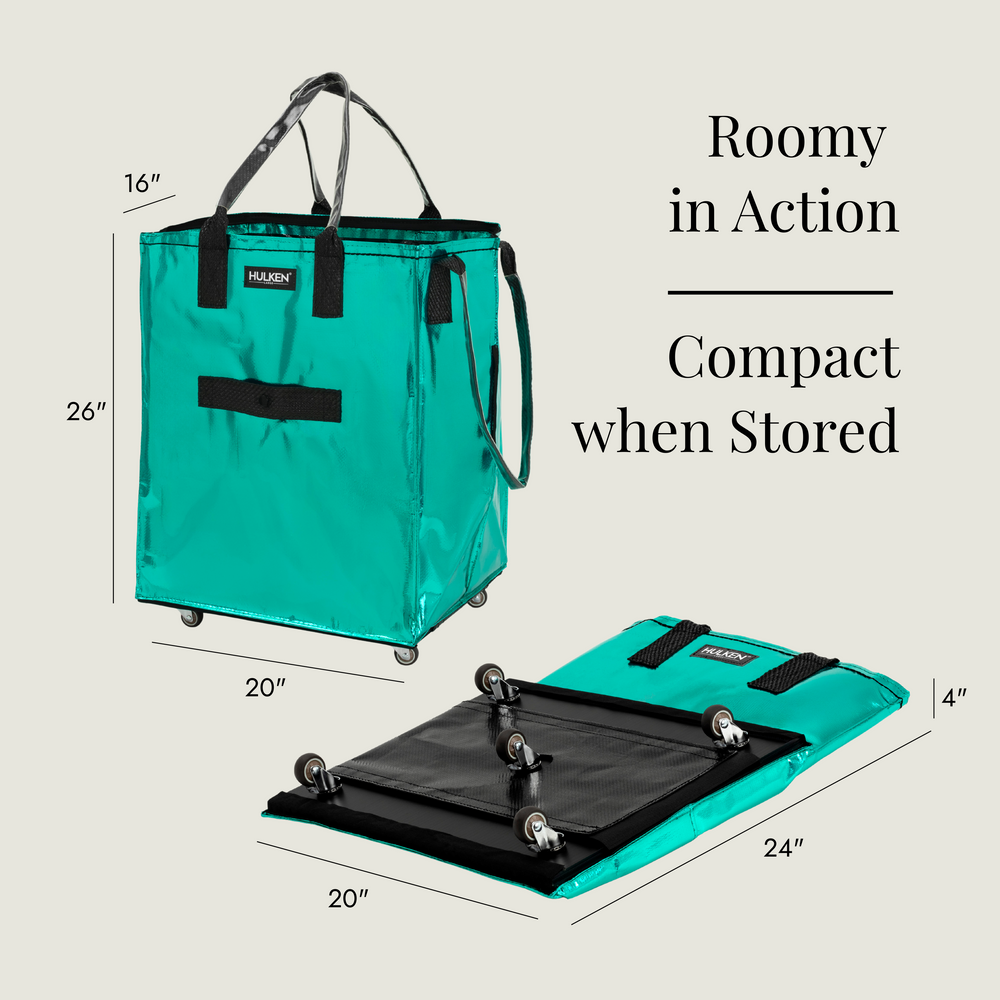 Teal shopping cart with dimensions displayed on a beige background