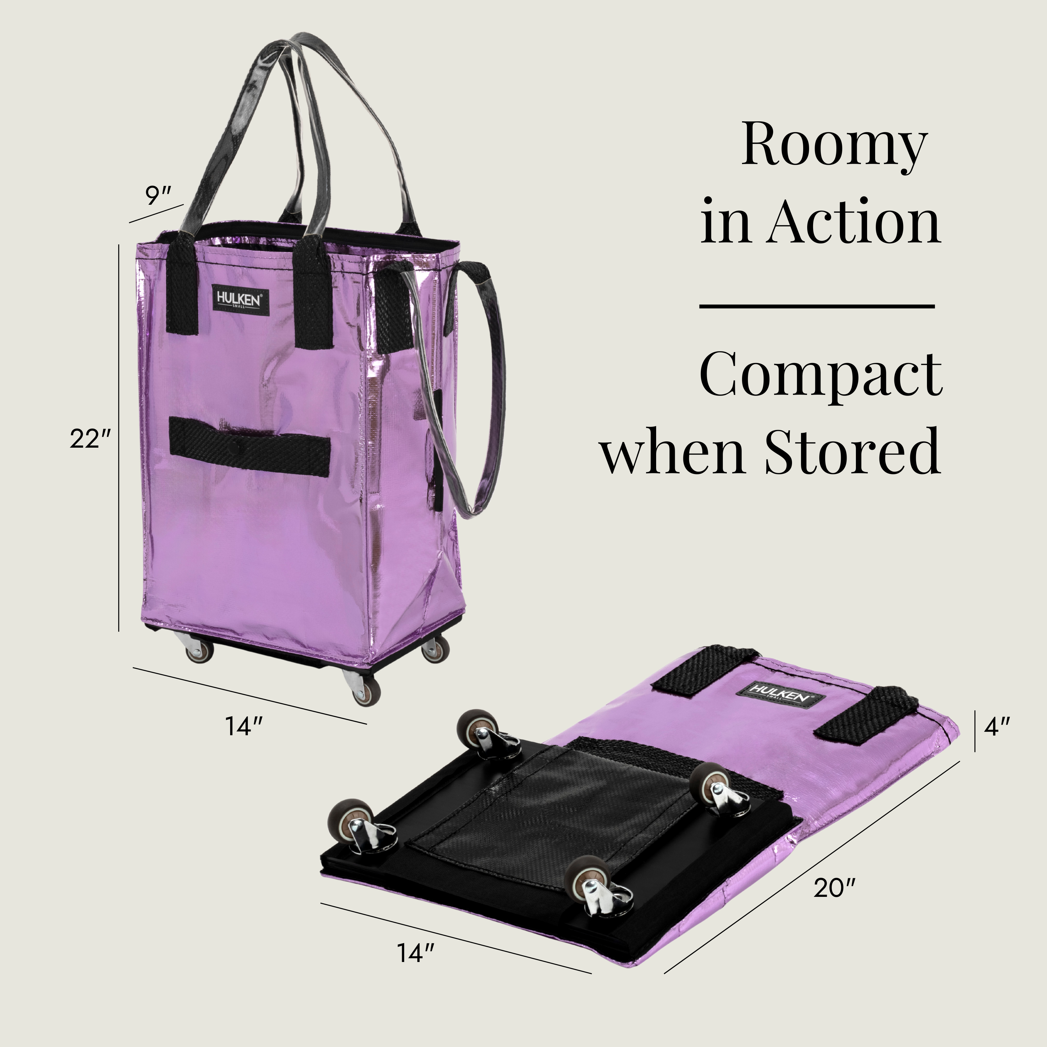 Lilac rolling cart with dimensions displayed on a beige background