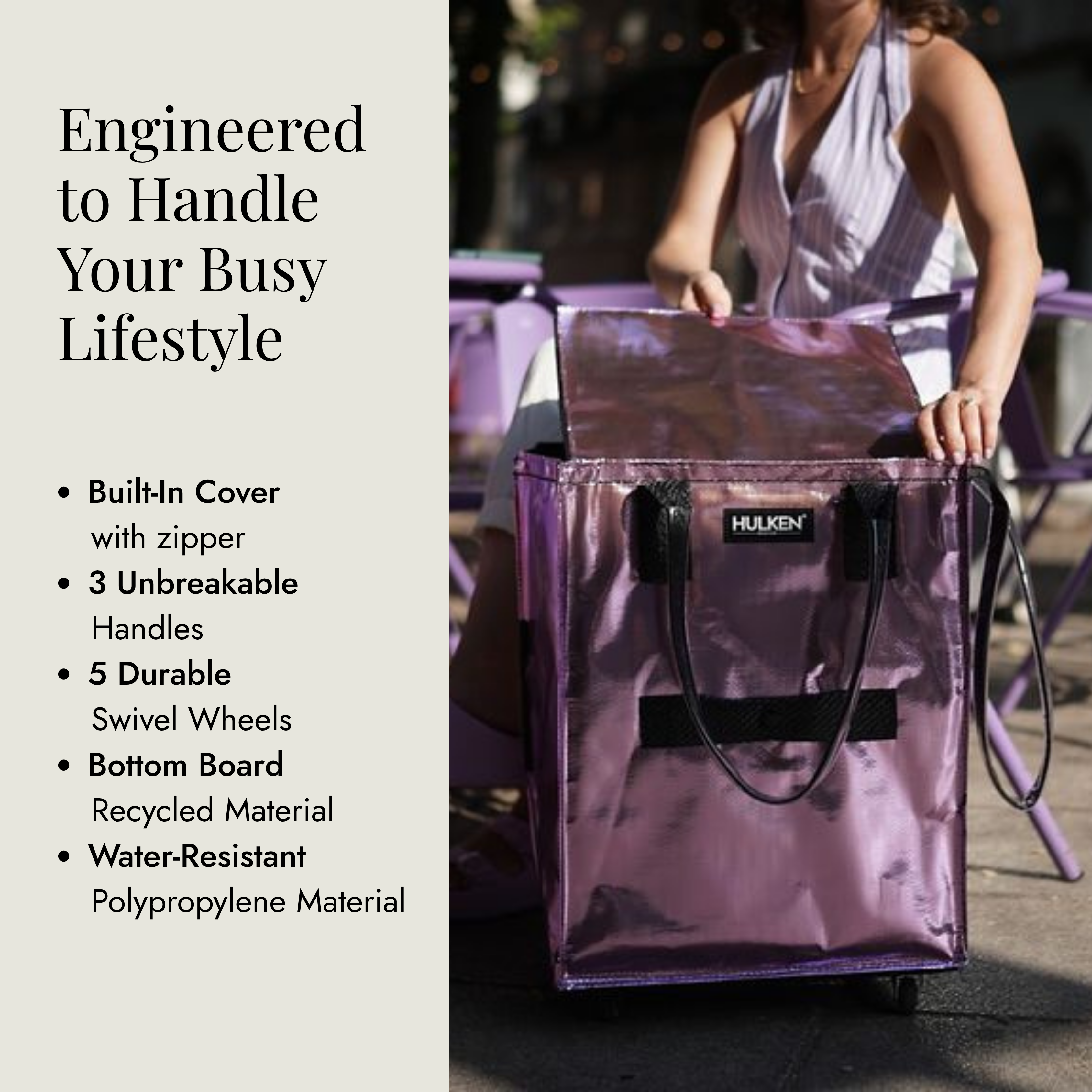 Lilac shopping tote with Hulken brand name