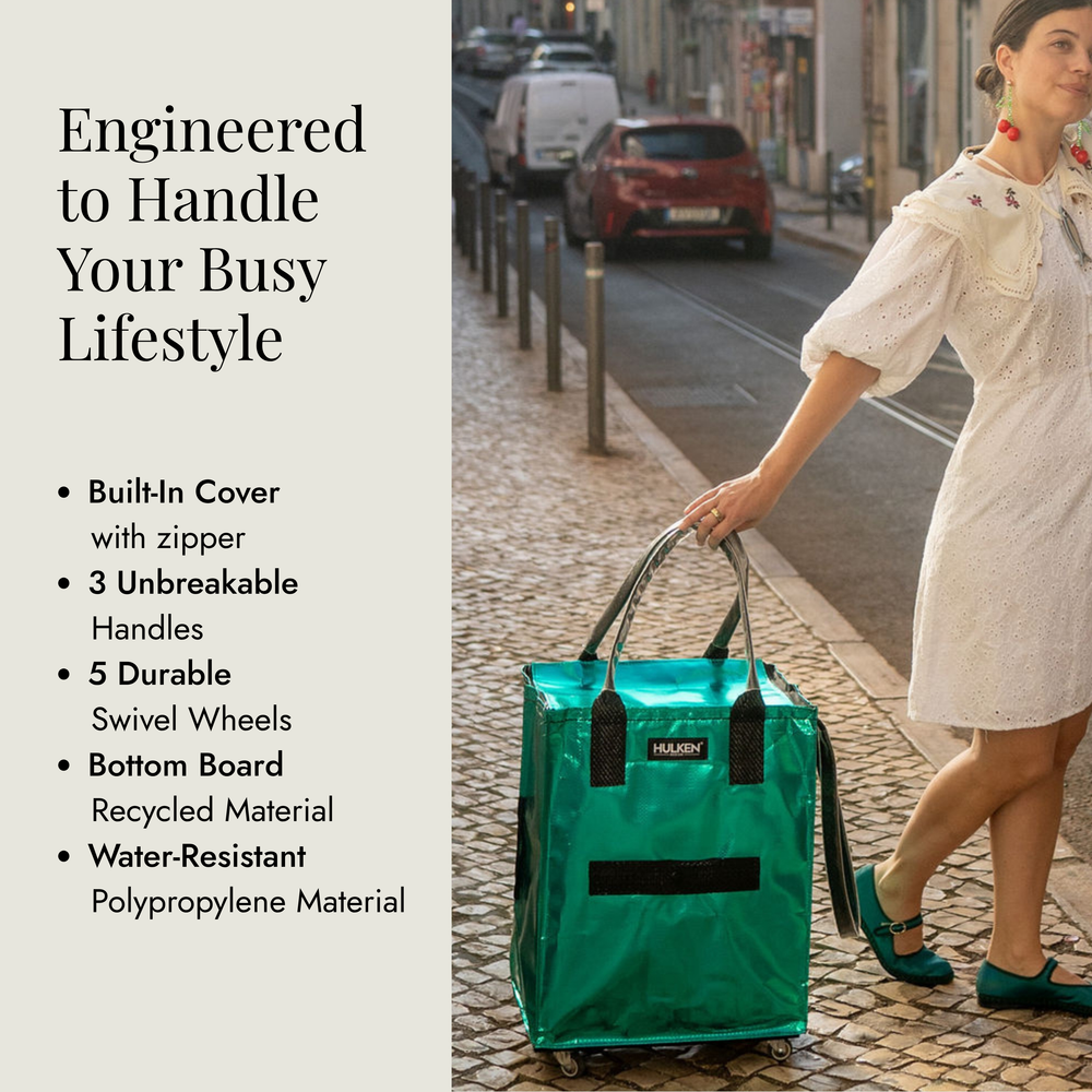 Woman pushing a teal tote bag