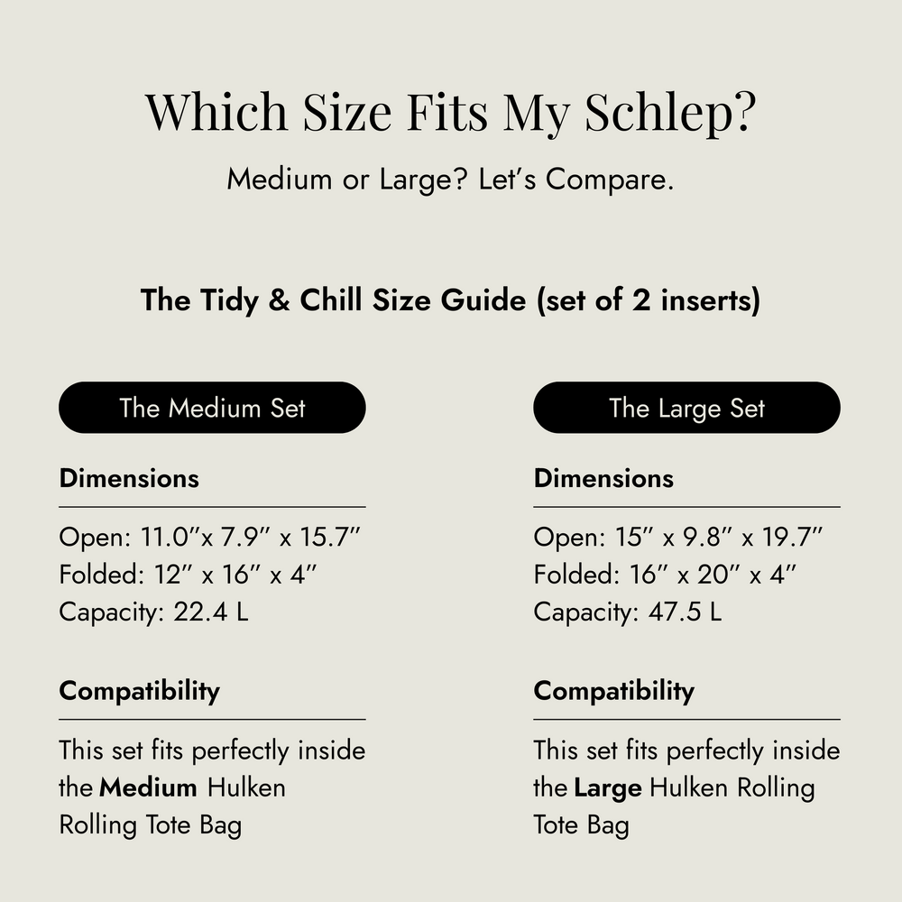Size guide for The Tidy & Chill inserts comparing medium and large sets on a light gray background.
