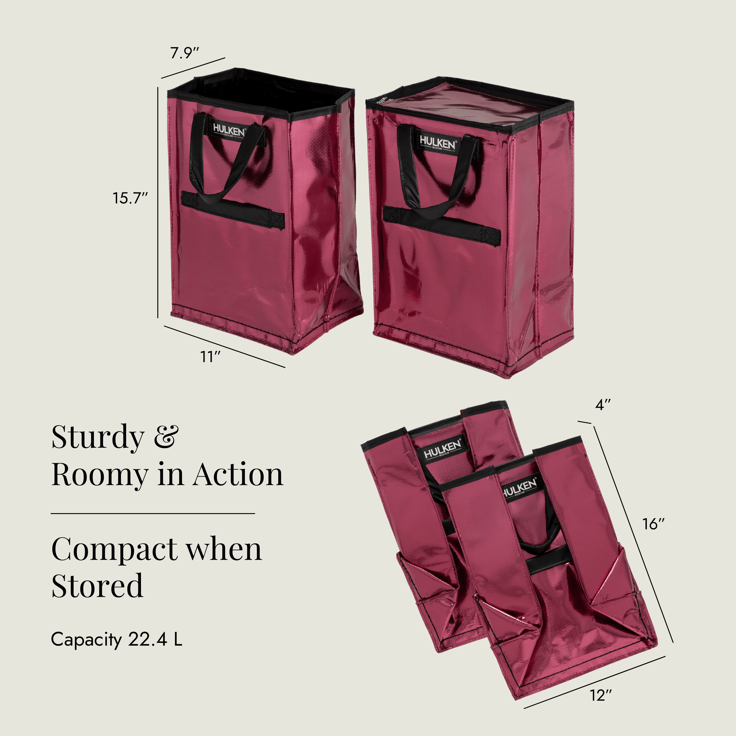 Two pink storage bags with black handles and measurements on a beige background
