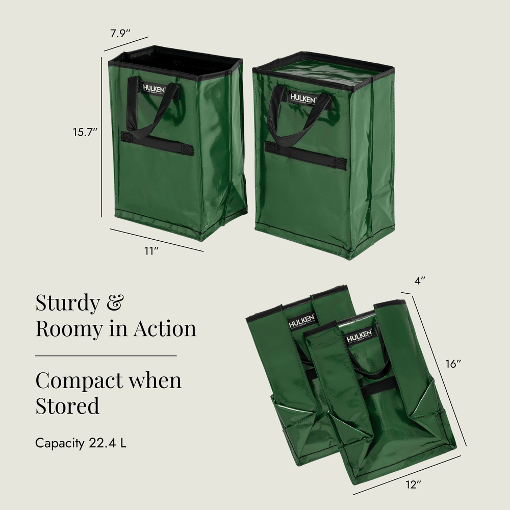 Green storage bags with measurements and Hukken branding on a beige background