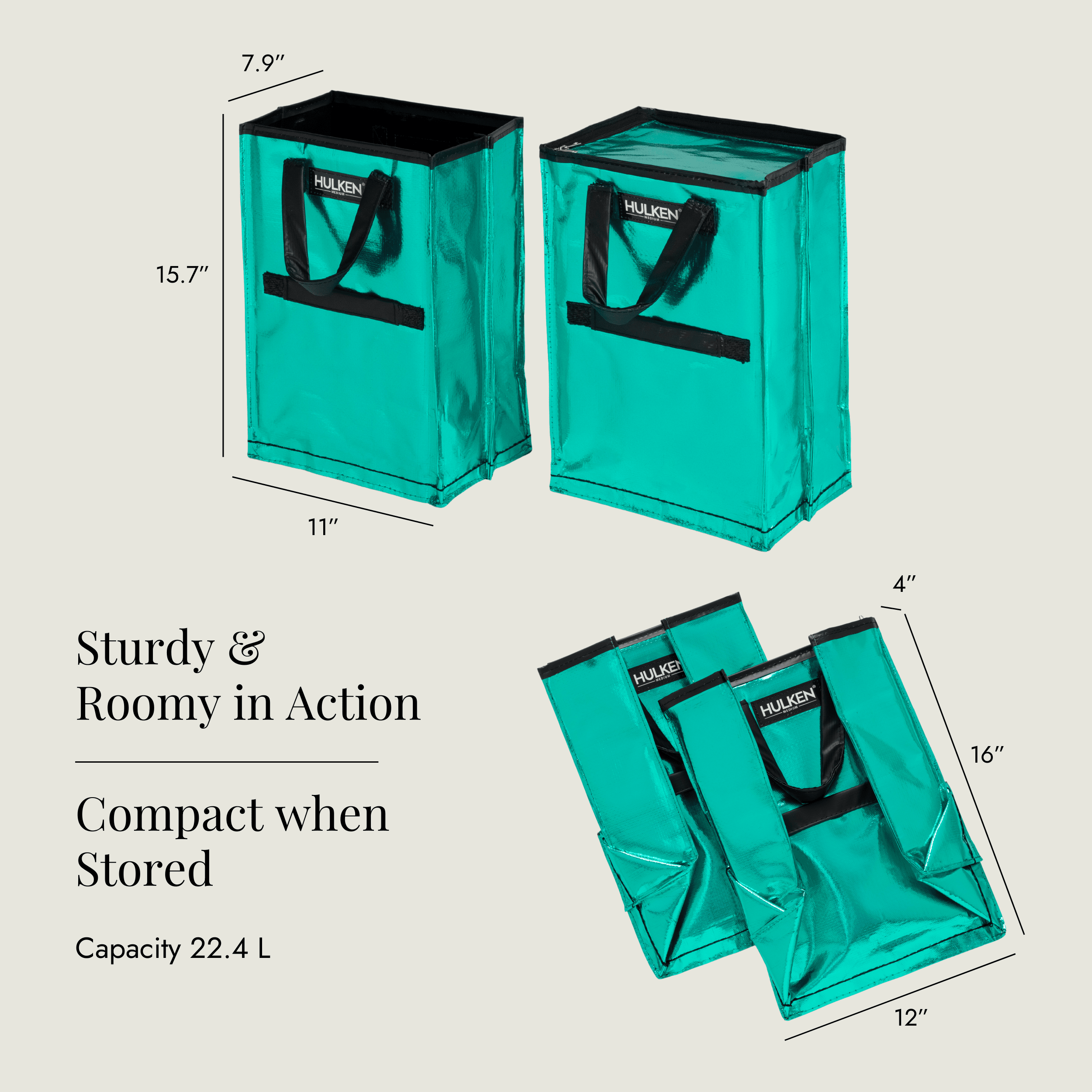 Teal storage bags with black handles and measurements on a beige background