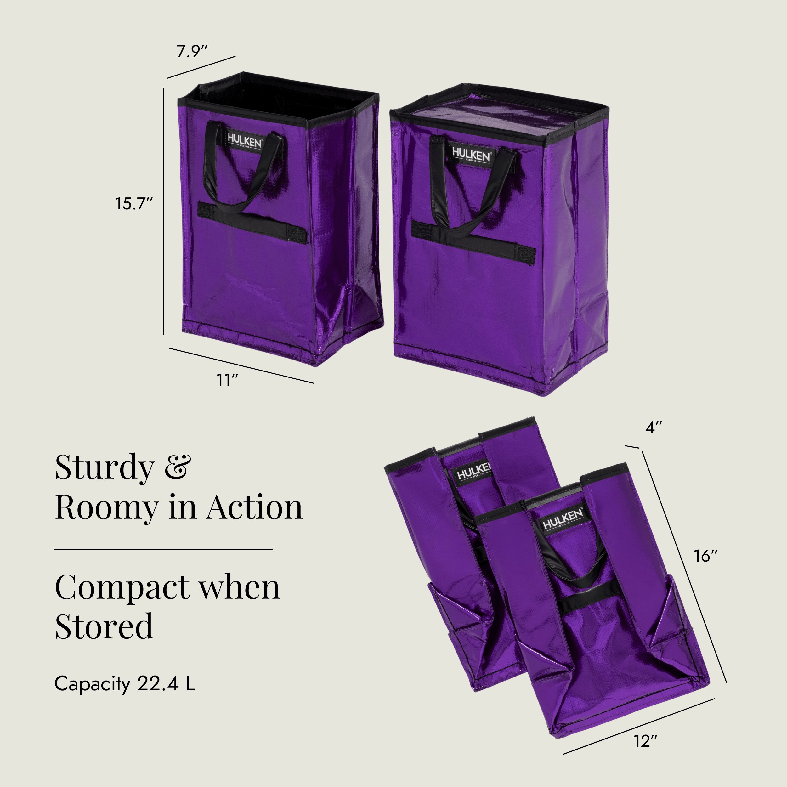 Purple storage bags with measurements and text on a beige background