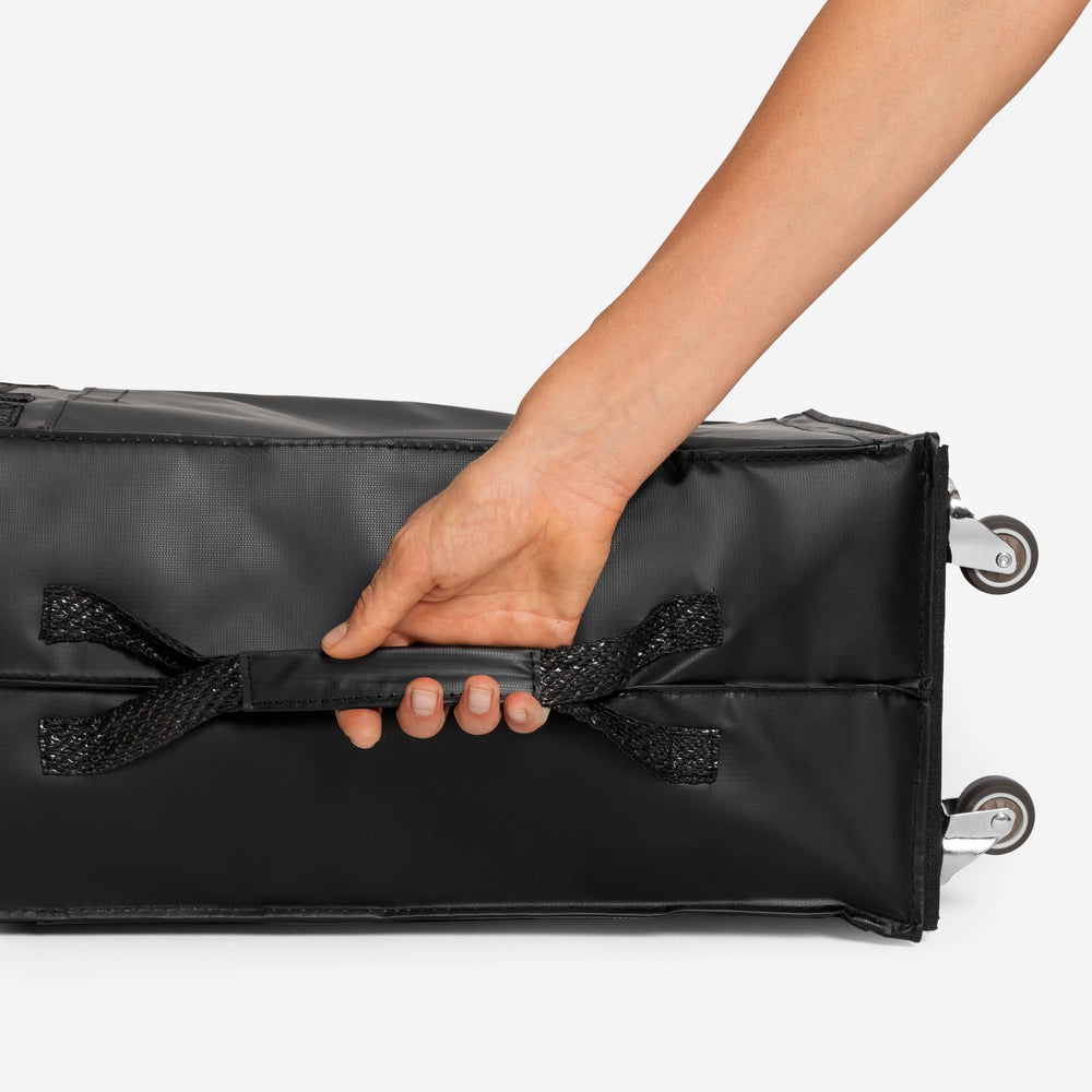 Hand holding a black carry-on