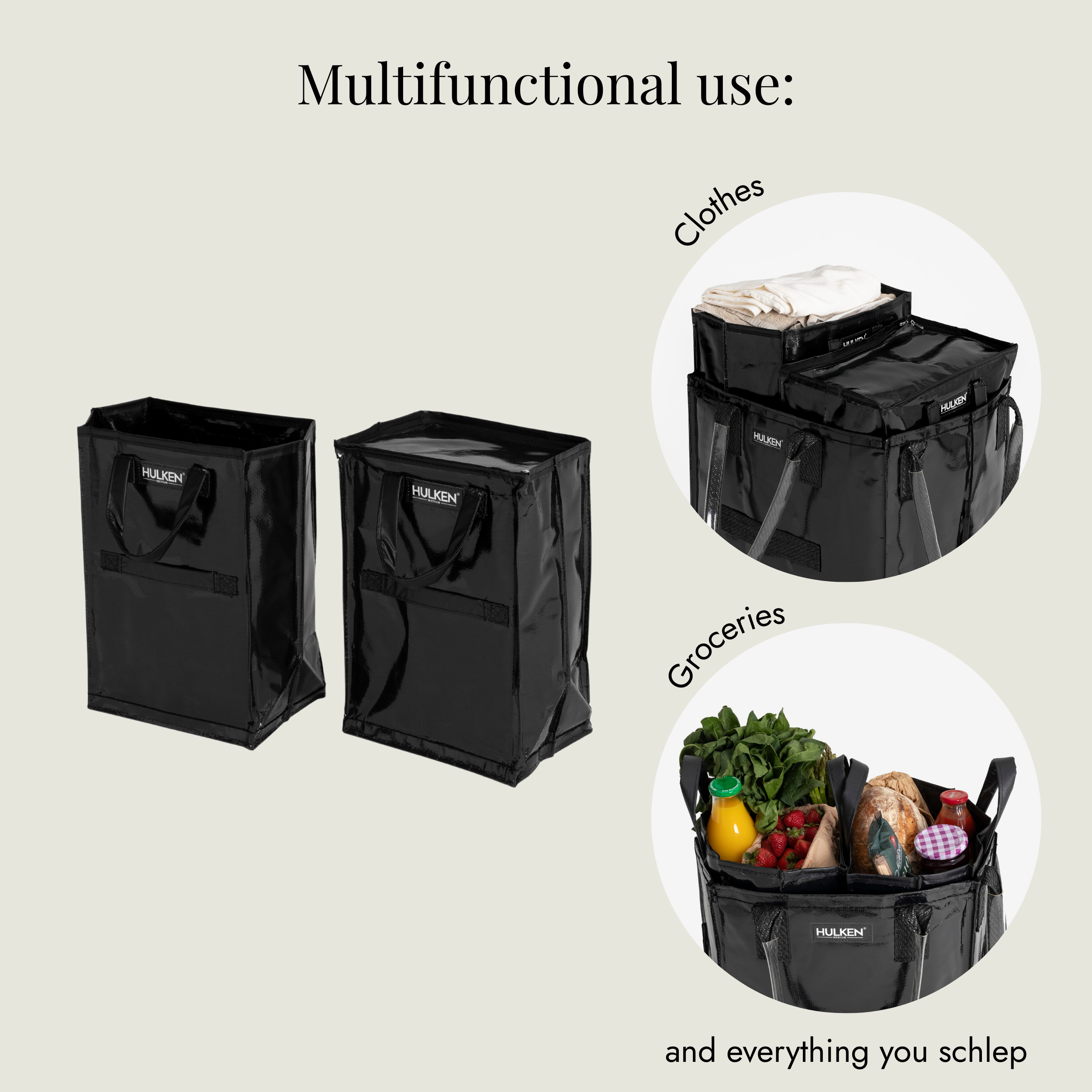 Black multifunctional bags used for carrying clothes, groceries, and other items.