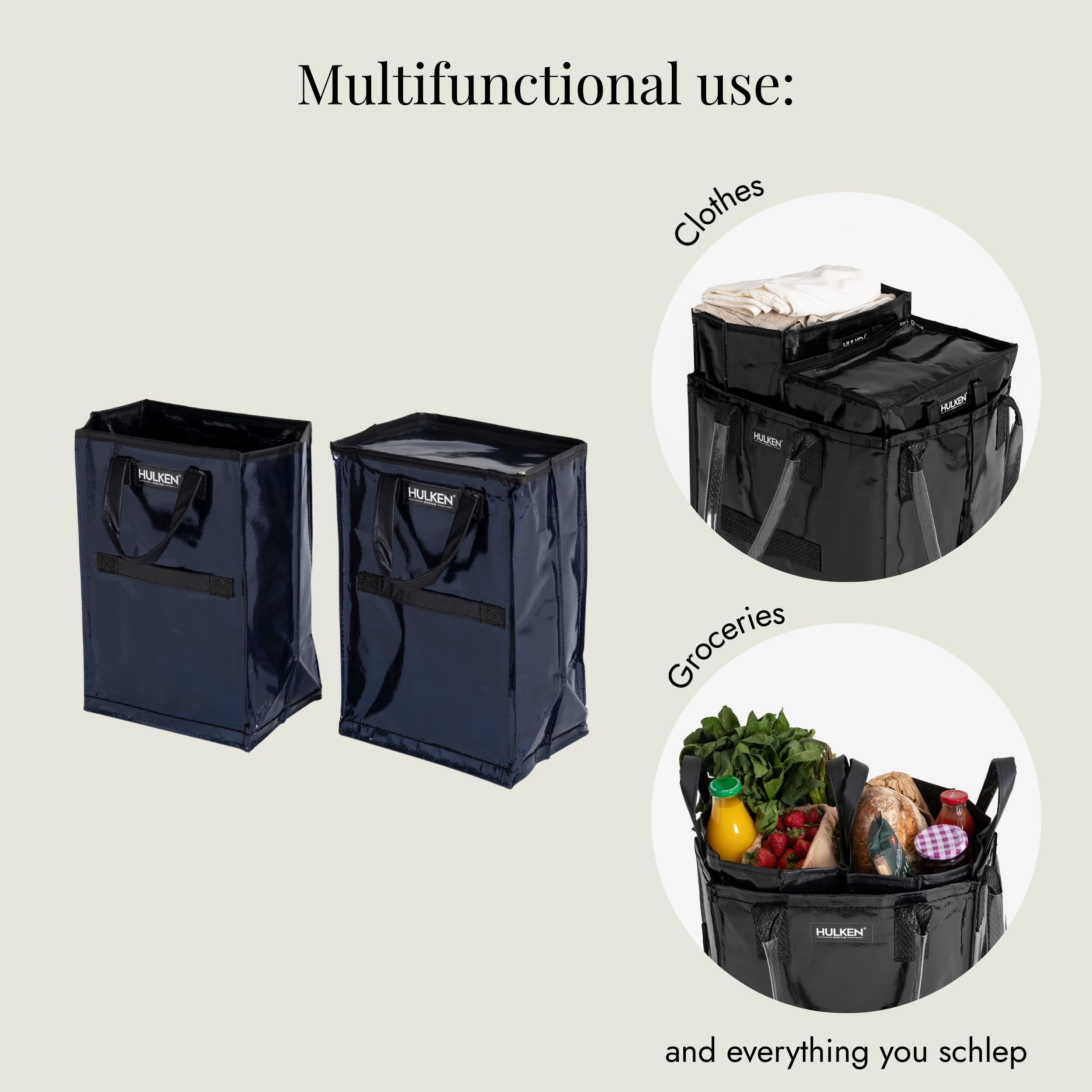 Black inserts with handles, used for carrying clothes and groceries