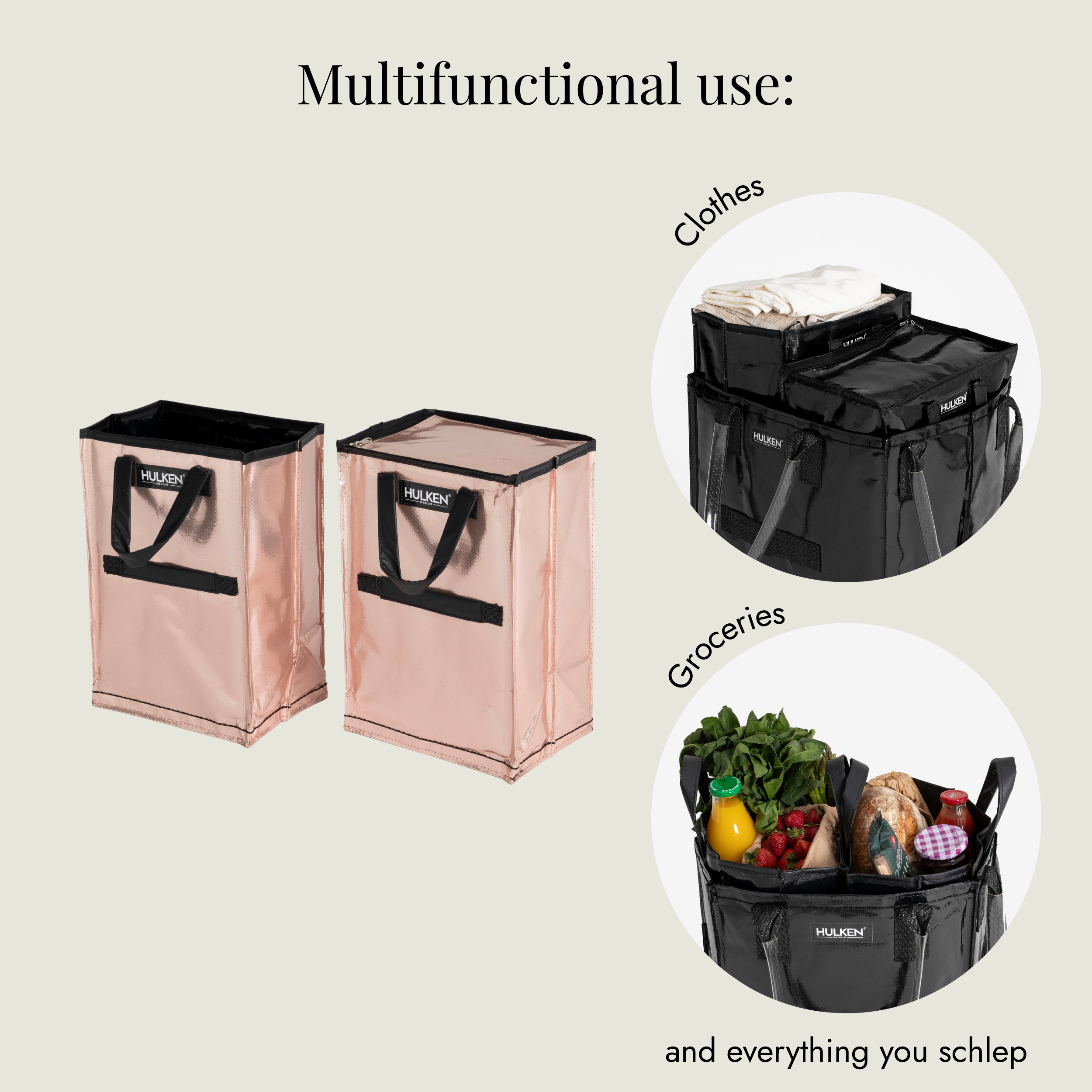 Multifunctional inserts for clothes and groceries with Hulken branding.