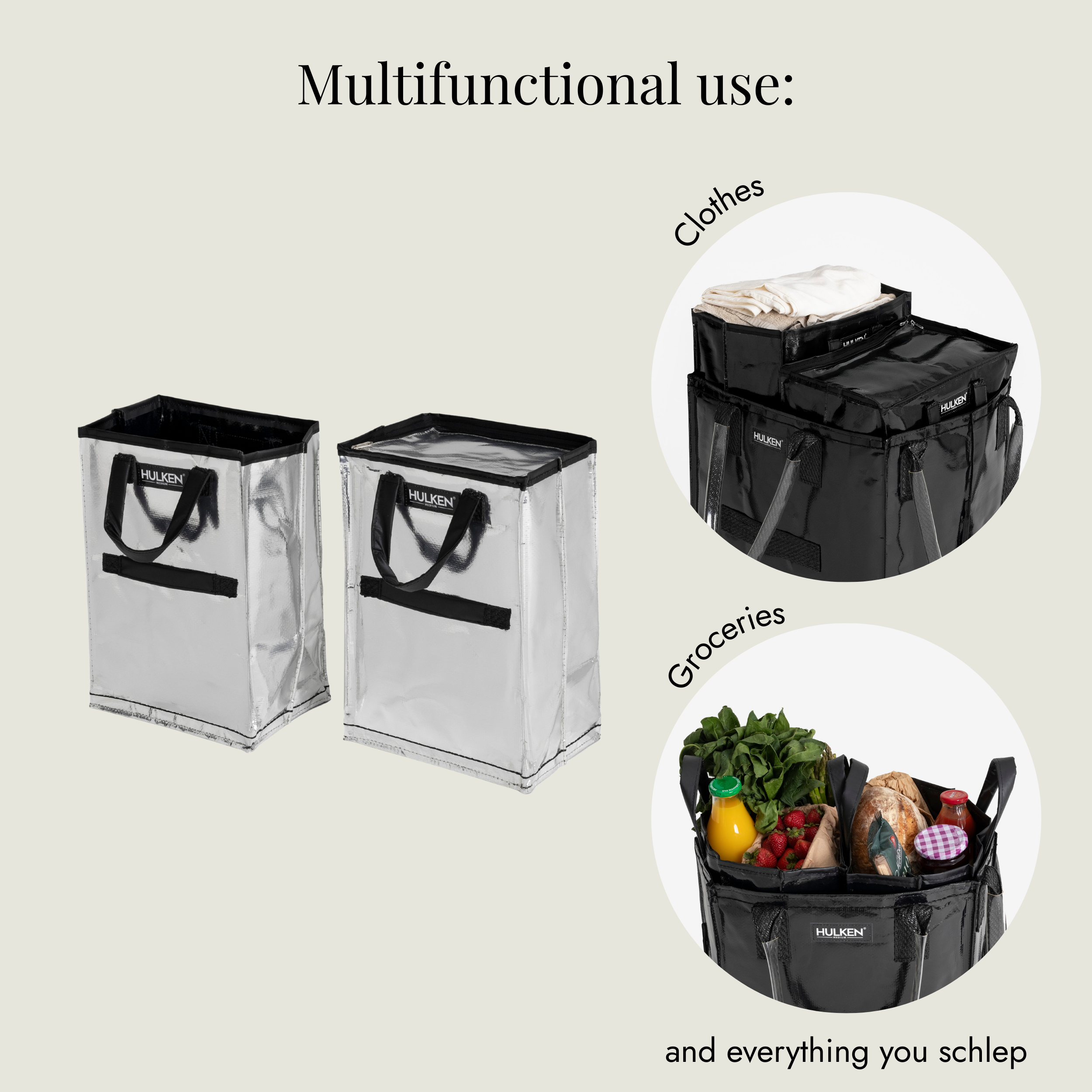 Multifunctional storage inserts with text indicating their use for clothes, groceries, and other items.