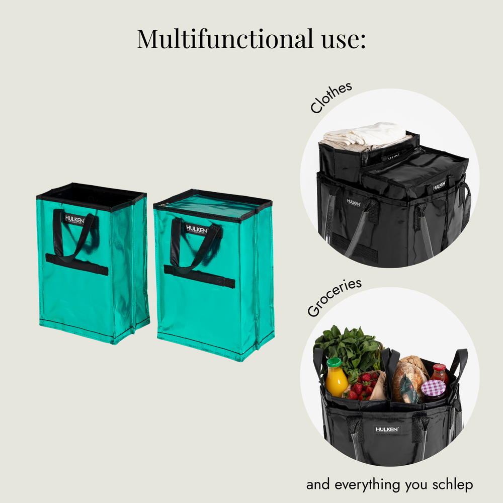 Two teal storage bags with black handles 