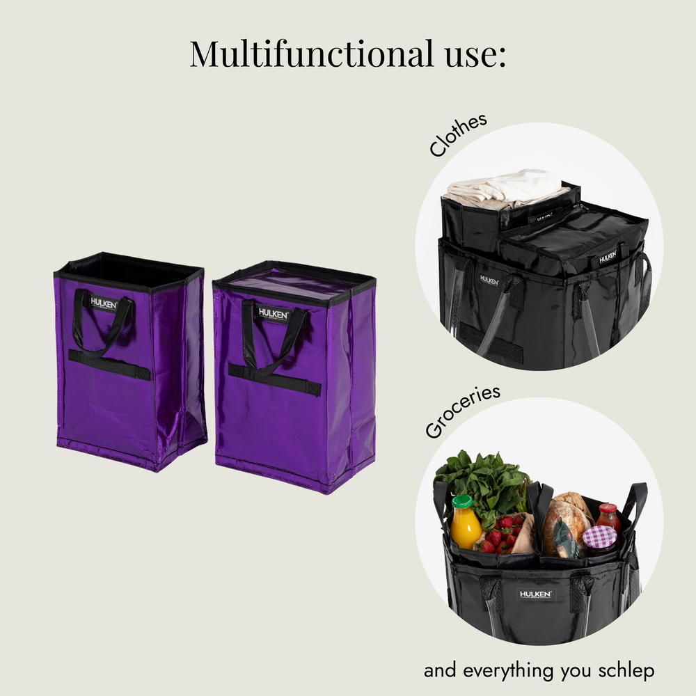 Multifunctional inserts for clothes, groceries, and general use on a beige background