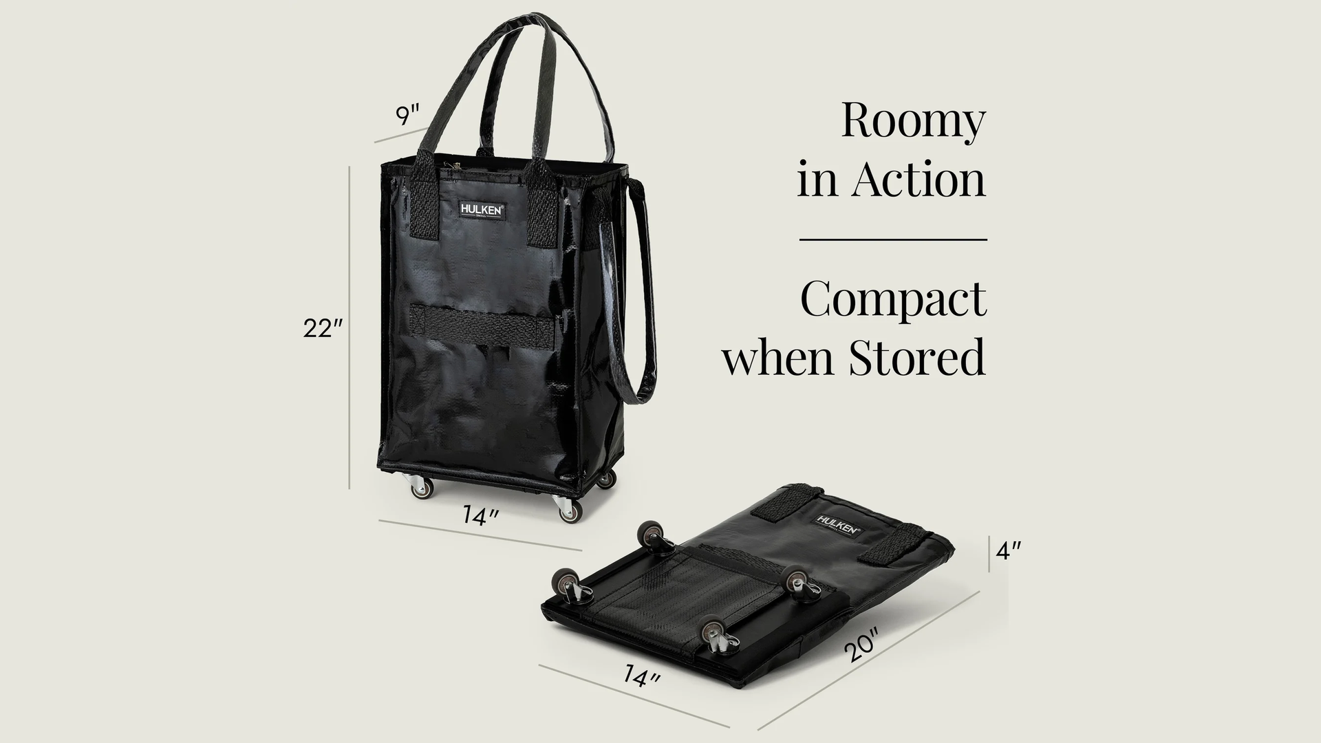 Black rolling tote bag with dimensions displayed on a light gray background
