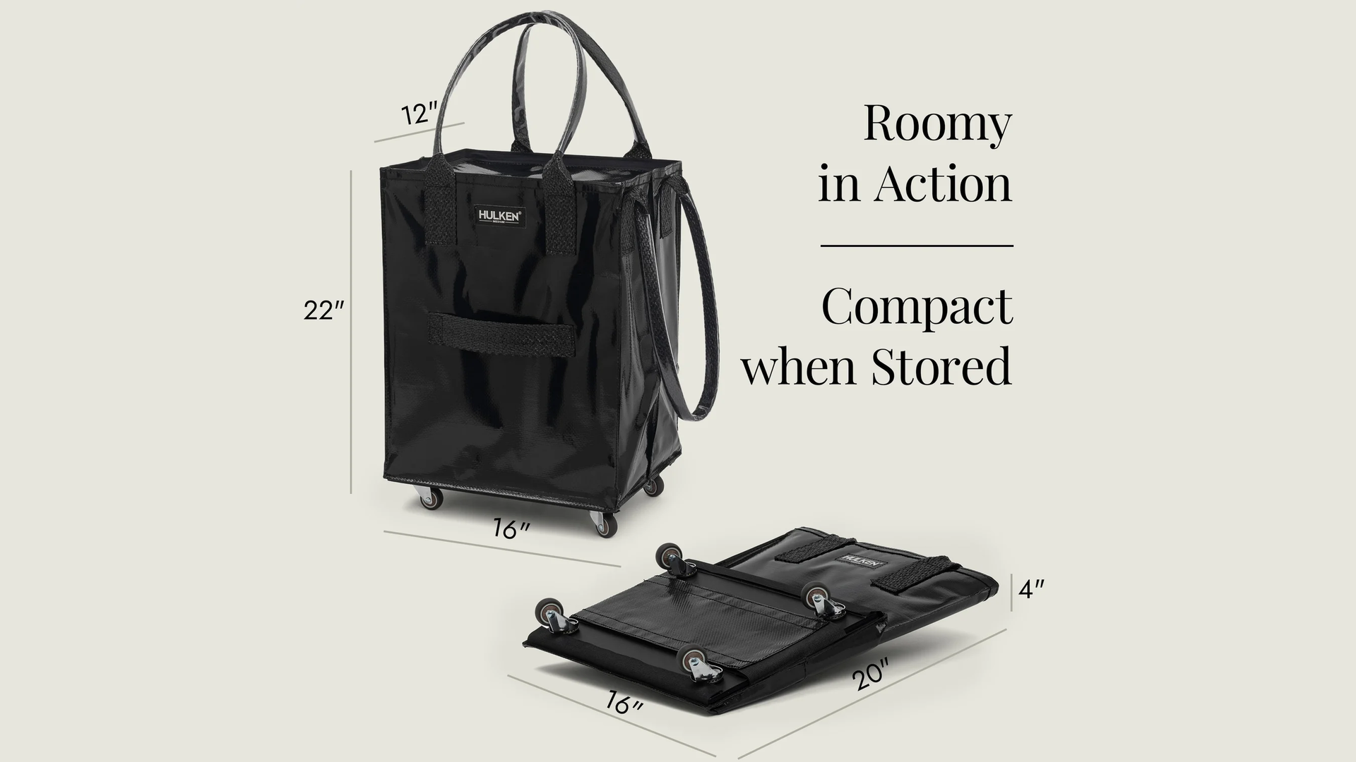 Black rolling bag with dimensions displayed on a white background