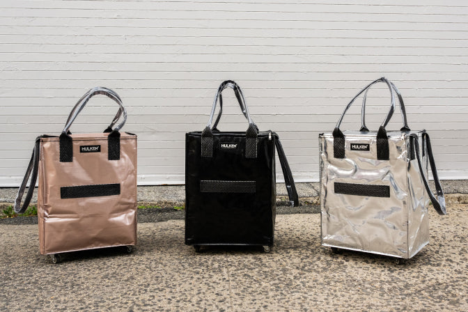 Hulken tote bag in black, silver, and rose gold side by side.