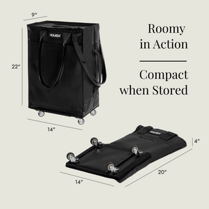 Black rolling bag with dimensions and text indicating its roomy size and compact storage.