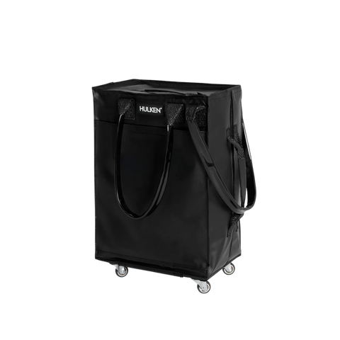 Black bag with wheels on a white background